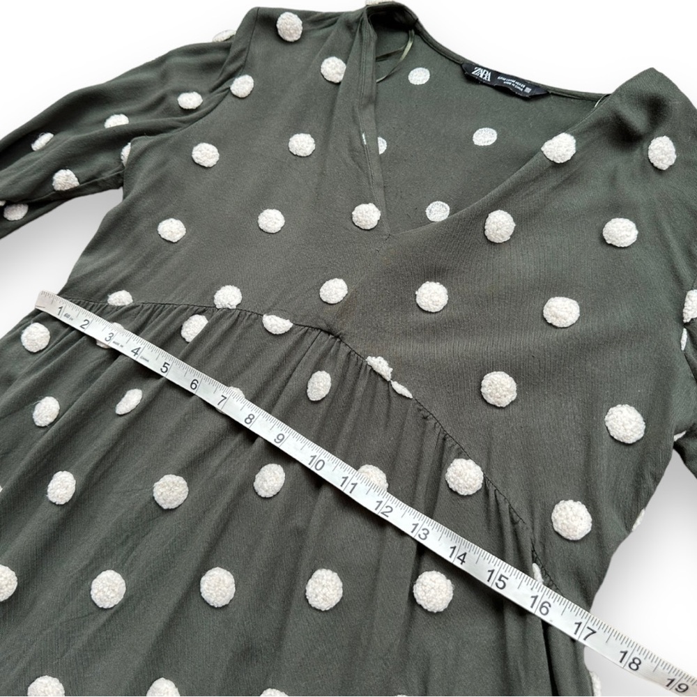 Zara Khaki Green Embroidered Polka Dot Long Sleeve Baby-Doll Dress | Medium - Picture 13 of 14